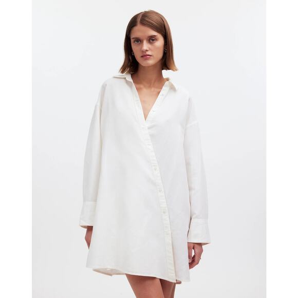 Madewell Dresses & Skirts - NEW Madewell White Linen Asymmetric Button Up Long Sleeve Mini Shirt Dress XXS